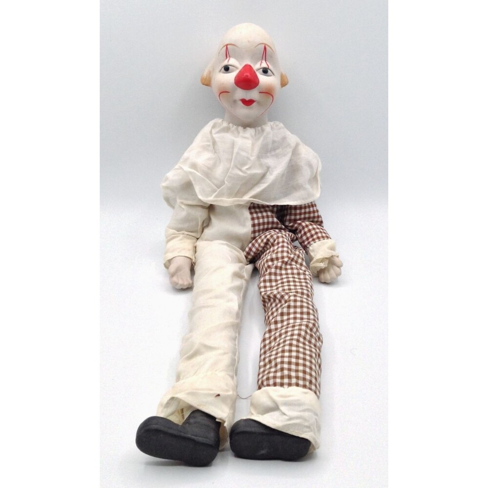 Vtg Ceramic Porcelain Clown Doll Hand Painted Circus Fabric Body Scary Halloween